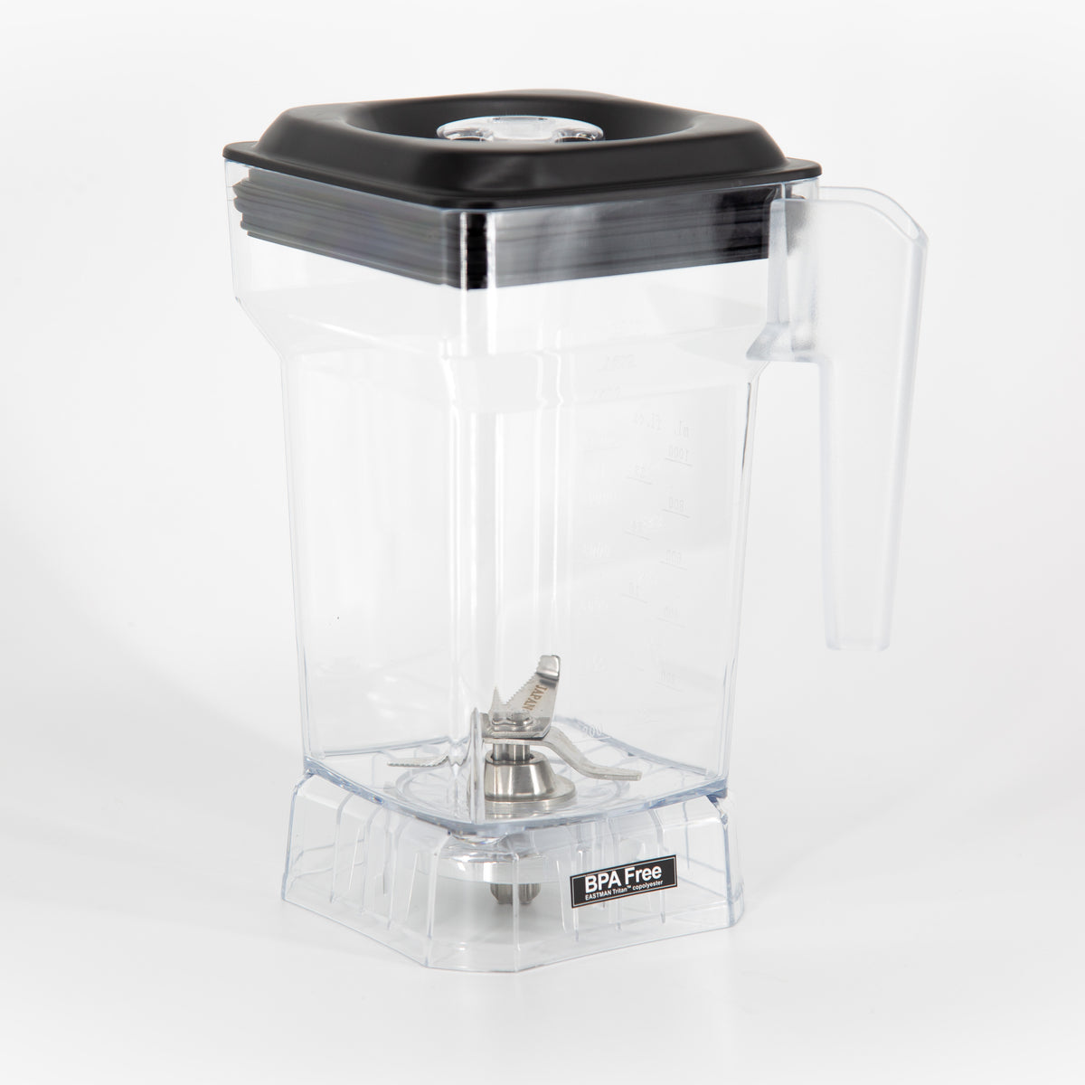 Empty clear VOID jar with handle, black lid and stainless steel blades