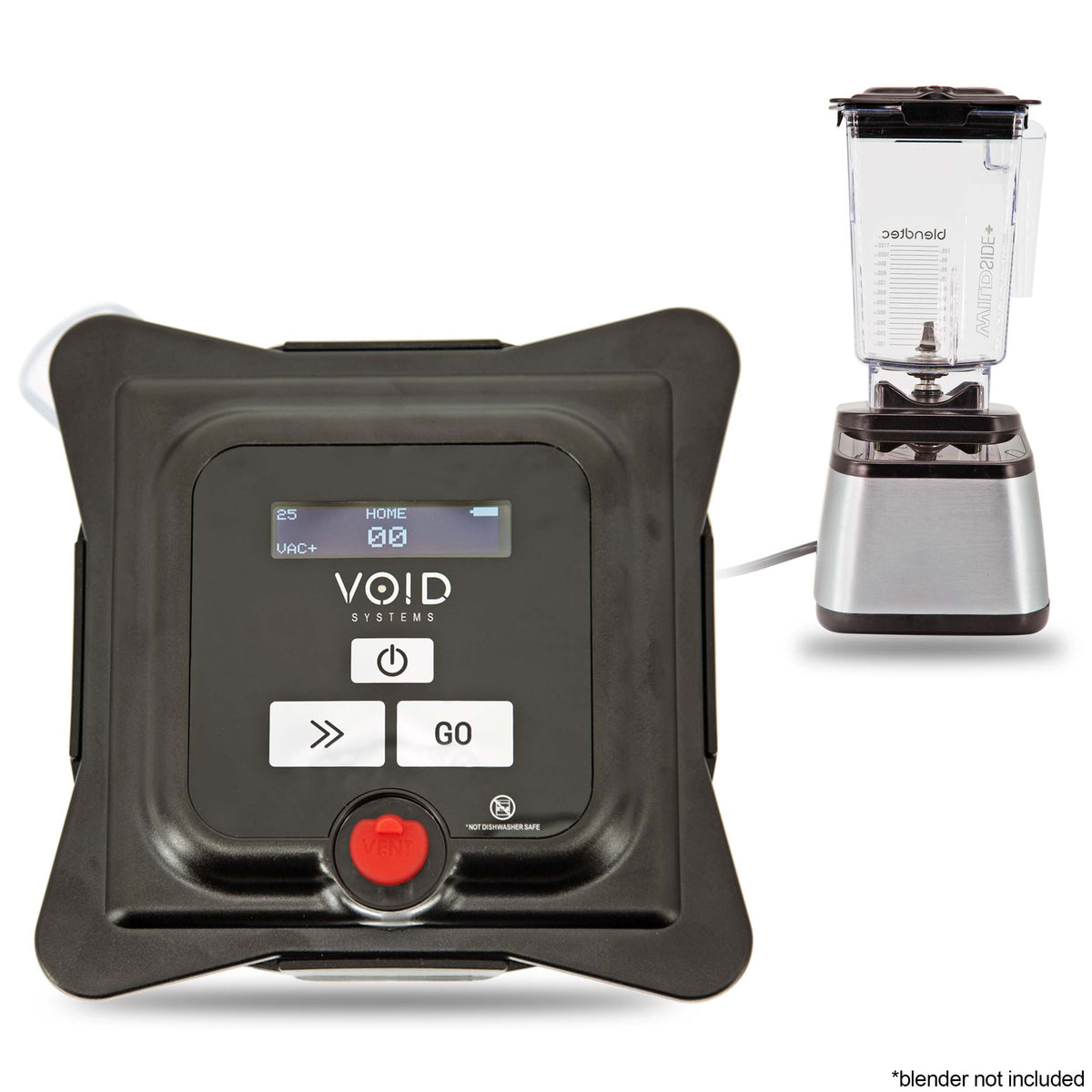 The VOID lid with screen, buttons and red vent tab, beside a Blendtec blender